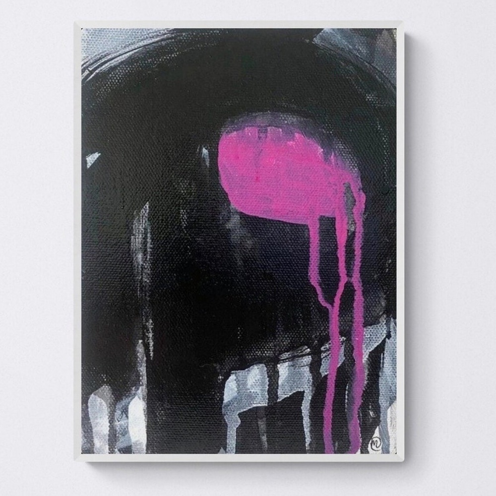 Black And Pink Modern Abstract Painting, Handmade 6"x8" Wall Art Decor OOAK
